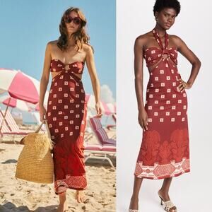 NWT Johanna Ortiz Quechua Cutout Midi Dress XL | Andean Wine/Ruby Cerise